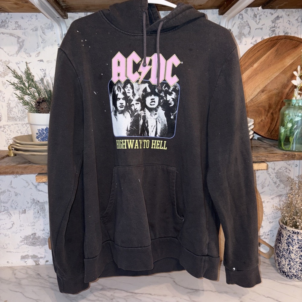 AC/DC Black Retro Grunge Distressed Rock N Roll Band Sweatshirt Hooded L